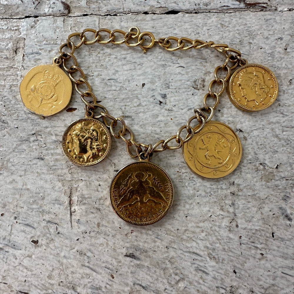 Vintage Gold Tone Faux European Coin Bracelet